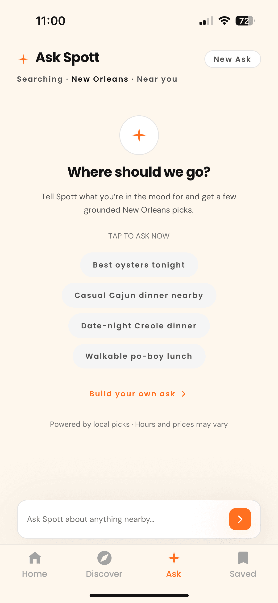 Ask Spott in the app - plain-language New Orleans recommendations with example prompts.