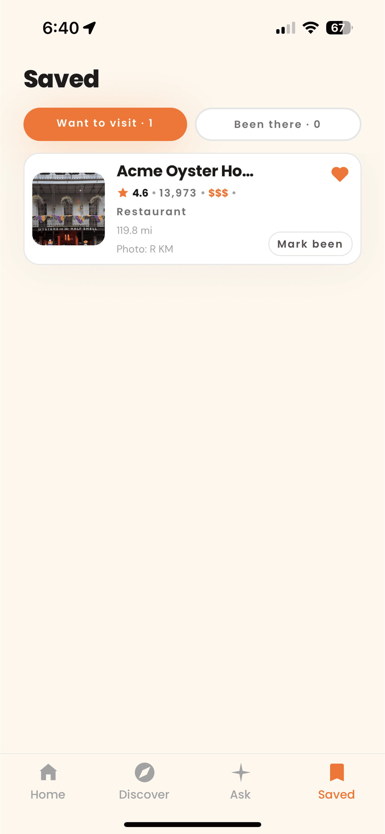 The Spott app saved list - a Want to visit / Been there view of places kept on your phone.